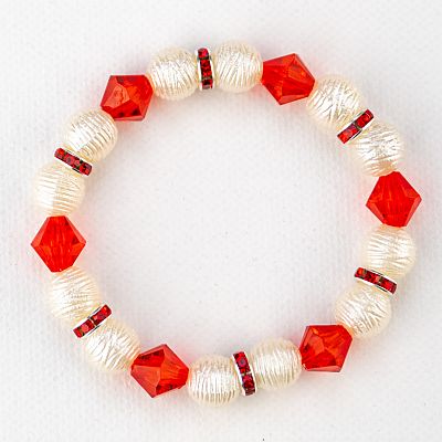 Гривна на ластик - бели перли и червени ромбове PICTURE OF ITEM 3156