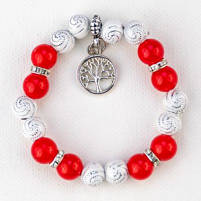 Гривна на ластик - бели гравирани топчета, червени перли и дървото на живота PICTURE OF ITEM 3162