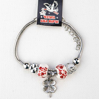 Гривна тип Пандора - шайби с червени цветя и висулка детелина PICTURE OF ITEM 3189